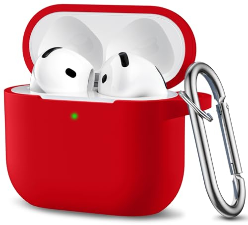 Ouwegaga Funda para Airpods 4, Fundas Protectora de Silicona para AirPods 4 Case, LED Frontal Visible Funda Accesorios Compatible con Apple AirPods 4.ª Generación (2024), con Moschettone, Rojo