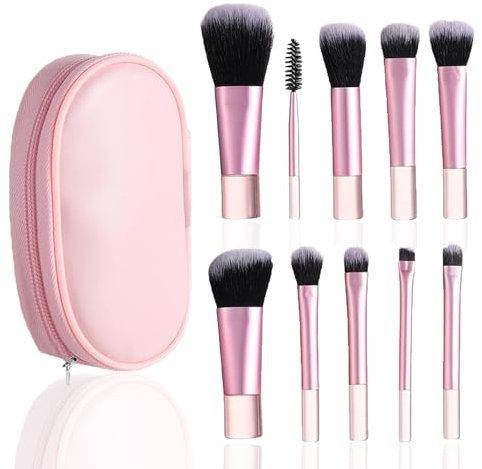 10 Pcs Mini Makeup Brushes, Travel Makeup Brushes, Pink Makeup Brush Set With Storage Bag, Portable Travel Make Up Brushes for Foundation Eyeshadow Highlight Contour Blush & Concealer(Pink)