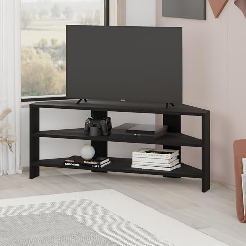 HOCUS PICUS Eck-TV-Einheit mit 2 Ablagen für Wohnzimmer, Büro, modernes Design, TV-Ständer 32-Zoll-Fernseher, mehrere Farboptionen für Dekorationen (schwarzes Holz)