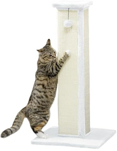 PawHut Cat Scratching Post for Indoor Cats, 81cm Cat Scratcher, Vertical Full Scratcher with Natural Sisal Rope, Hanging Ball and Soft Plush, White