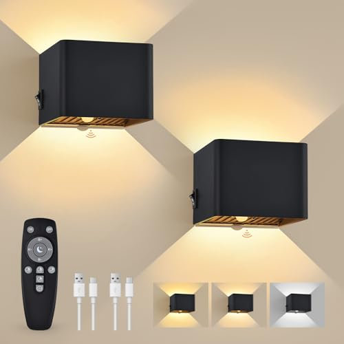 GeyouLux 6000mAh Akku Wandlampe Innen mit Bewegungsmelder, Wandleuchte mit Fernbedienung, 3 Modi 2700K-6500K Dimmbar Timer Moderne LED Aufladbare Wandleuchte Innen für Treppe Flur Schlafzimmer 2 Stück