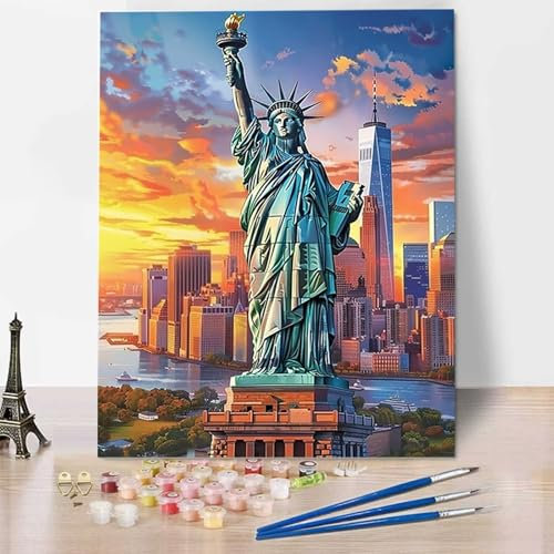 Statue de la Liberté Peinture par Numéros Adultes Enfants Débutants, Peinture Numero Adulte DIY Kits de Peinture à l'huile, Peinture par Numéros pour la Décoration de la Maison Ville 50x65 cm 0-L