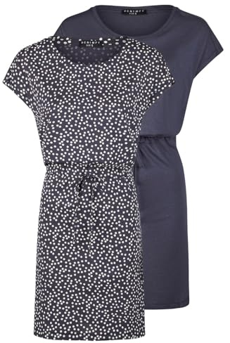 DENIMFY Sommerkleid Damen 2er Set Pack DFBella Kurzarm Rundhals Kleid | Strandkleid Midikleid Sommer Muster Einfarbig Schwarz Blau Grün S M L XL XXL