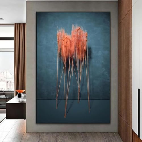 LIMAIDUO Pintura en lienzo de casa con palos de madera roja, arte de pared abstracto moderno, imágenes para sala de estar, oficina, decoración del hogar, 80 x 120 cm, sin marco