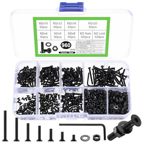 960 PzViti M2, Bulloni e Dadi, Set di Viti a Testa Svasata con Esagono Incassato, Piccole Viti a Testa Piatta Esagonale con Dadi e Rondelle, Kit di Assortimento Vite Esagonali Nero