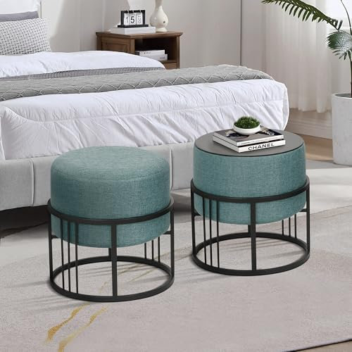 [en.casa] Hocker Tas multifunktionaler Sitzhocker 2er Set stapelbar Ottoman Beistelltisch rund 38 x 38 cm Fußhocker gepolstert Pouf Grün