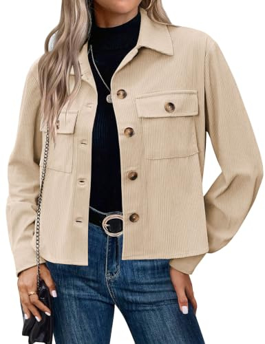 Hotouch Veste Femme Velours Côtelé Blouson Bombers Chic Veste Courte | Button Down, Décontracté, Automne Hiver, Jacket avec Poches