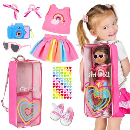 18 Girl Doll Carrier Backpack Rainbow Heart Style Playset, 9-Piece Accessory Collection with Bag, Hair Bows, Sunglasses, Pink Top, Tutu Skirt Accessories for Dolls Girls Gifts for 3-10 Years Old
