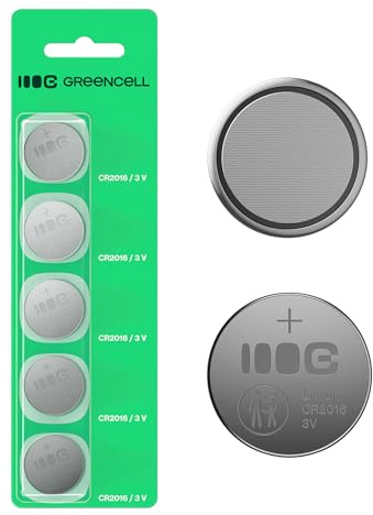 Greencell CR2016 Lithium-Knopfzelle 3V 80mAh, 5 Stück | Zuverlässige und langlebige Stromversorgung für Autoschlüssel, Fernbedienungen, Uhren und andere elektronische Geräte.