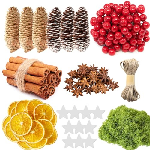 168 Stück Weihnachtskranz Deko, Natur Dekoration Weihnachten Deko Adventskranz, Potpourri Weihnachten mit Tannenzapfen, Zimtstangen, Getrocknete Orangenscheiben,Sternanis, Moos,Juteschnur Pentagramm