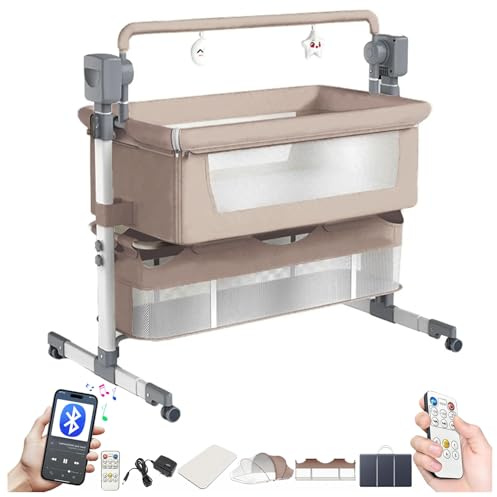 Magic ZC Elektrische Bluetooth Intelligent Beistellbett Baby mit Rollen, Convertible Faltbar Co-Sleeping Babybett, Fernbedienung, 5-schwankende Zahnräder, Stubenwagen Wiege mit Musik (601 Beige)