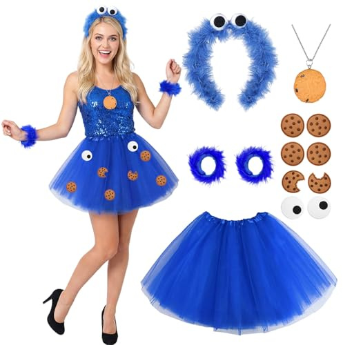 Crittygo Krümelmonster Kostüm Damen, Cookie Monster Kostüm Set mit Tüllrock Haarreif Halskette Aufkleber, Krümelmonster Faschingkostüm für Karneval Halloween Cosplay