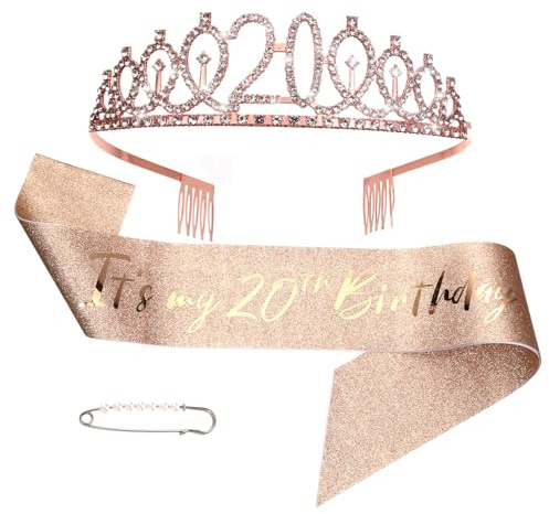Styquenzer 20.Geburtstag Schärpe und Geburtstagskrone, Roségoldener Geburtstagsgürtel und Tiara-Krone, Geschenke für MäDchen Geburtstag Deko 20. Geburtstag MäDchen Geburtstagskuchendeckel