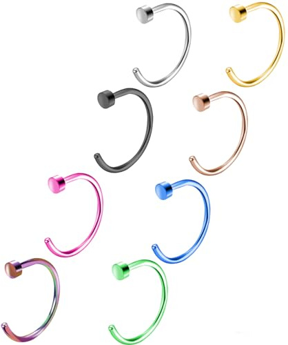 BLISI 8PCS Titanium Nose Rings Set 18K Gold Plated 18G/20G C-Shaped Cute Half Hoops - 8mm 10mm Nose Rings Hoops for Women & Men, Hypoallergenic Fake Nose Ring in Silver Gold Black Rose Gold Pink