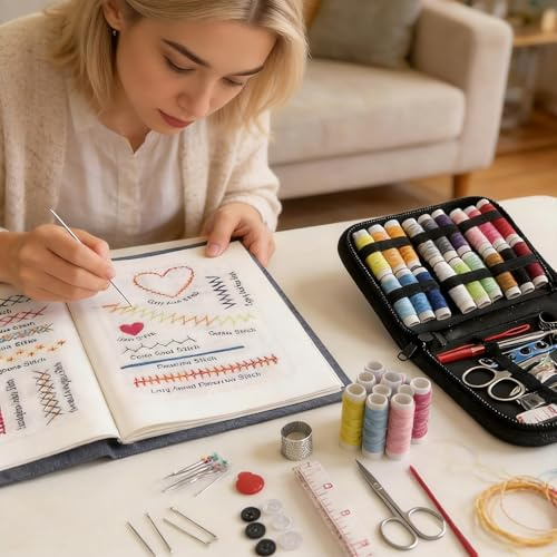 2026 Upgrade Stickbuch Set für Anfänger, Tragbares DIY Embroidery Kit mit Leinen, 99-teiliges Komplettes Nadel & Faden Set, Schritt-für-Schritt Videoanleitungen, Bastelgeschenk für Erwachsene