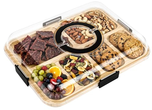 6 Compartments Charcuterie Board with Clear Lid, Portable Snackle Box Container with Dustproof Cover, Cheese Board Cutting Board & Snack Tray for Kitchen,Picnic, Party, Housewarming Gift (Black)