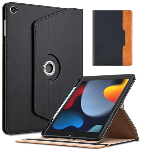 360° drehbare Business-Hülle für iPad 9./8./7. Generation (2021/2020/2019) 10,2 Zoll, Anti-Fingerabdruck Premium-Leder Folio Cover mit Ständer & Dokumententasche mit iPad Air 3 / Pro 10,5-Schwarz