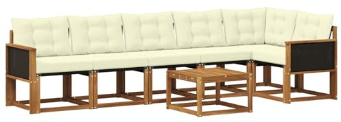 vidaXL Outdoor-Sofagarnitur mit Kissen 7 pcs Natur und Creme, Garten, modernes Sofa-Set, langlebige Möbel für draußen, stilvolle Lounge, entspannen am Pool