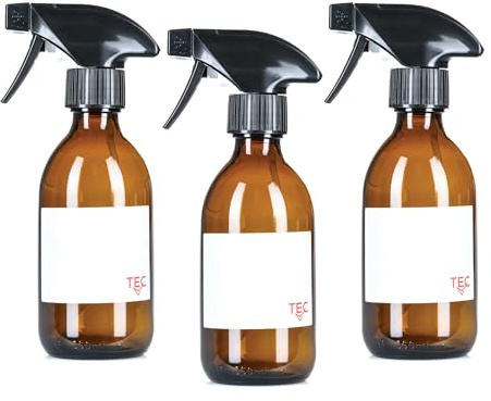 TEC 250ml Amber Glass Spray Bottles 65% Recycled UK Made | UK Made for Cleaning and Hair Water Oil Gardening Mist Essential Oils Recyclable with Labels Wrapped in Sustainable Paper