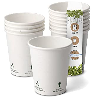 BIOZOYG 250x gobelets jetables 200 ml / 8 oz, Ø 80 mm blanc avec icônes environnementales - gobelet carton sans plastique et en matériaux durables - gobelet cafe