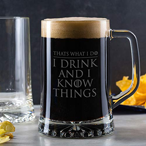 ‘I Drink and I Know Things’ Fathers Day Game of Thrones Inspired Beer Glass - Game of Thrones Gifts for Men - Christmas Gifts for Him - Engraved Pint or Alcohol Tankard