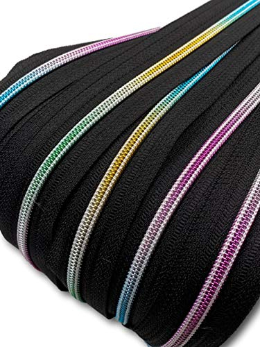 Reißverschluss endlos Spirale Regenbogen 5mm Meterware mit Zipper (Schwarz, 2m + 6 Zipper)