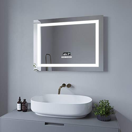 AQUABATOS Brussels Series Miroir de Salle de Bain avec éclairage 80 x 60 cm Horloge Bluetooth Haut-Parleur Interrupteur Tactile à intensité Variable Blanc Froid Blanc Neutre Blanc Chaud Réglable