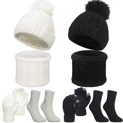 Set de 8 Pcs Bonnets à Pompons Écharpe Cache-Cou en Tricot GantsTricotés Chaussettes (Noir, Blanc, Blanc Crème, Gris)