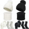 Set de 8 Pcs Bonnets à Pompons Écharpe Cache-Cou en Tricot GantsTricotés Chaussettes (Noir, Blanc, Blanc Crème, Gris)