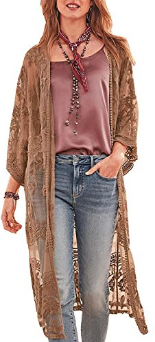 YouKD Cardigan da donna in pizzo trasparente, stile boho, lungo, kimono, spiaggia, copricostume da bagno, Marrone, Etichettalia unica
