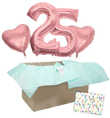 DECORAMI - celebrate happy times XXL Zahlen-Luftballon 10 bis 99 mit 2 Herzballons, Roségold, individualisierbare Zahlenballons mit Helium gefüllt, 86cm, Heliumballons im Karton zum Geburtstag