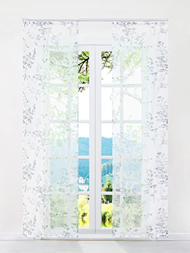 ESLIR Schiebegardinen Voile Flächenvorhänge Set 2er Gardinen mit Klettband Schiebevorhang Transparent Vorhang mit Blätter Muster Grau BxH 57x245cm 2 Stück