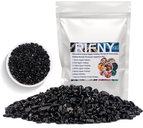 Decorative Stones, Natural River Pebbles Crushed Crystal Chips Stone for Fish Tank, Potted Succulents, Flowerpot, Cactus, Home Garden Decoration, Vase Filler Gravel Rocks (1.5 Lb) (Black Obsidian)