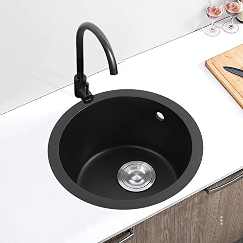HGTRH Fregadero Cocina Redondo 1 Seno,Fregadero Granito Negro sobre Encimera, Fregaderos PequeñOs Camper, Fregadero Bajo Encimera Un Seno con Escurridor, Lavabo De Lavabo Empotrado