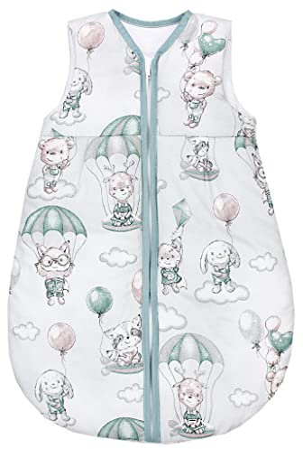 TupTam Schlafsack Baby – Wärmender Ganzjahresschlafsack 2.5 TOG, OEKO-TEX, Ärmellos, Farbe: Tiere mit Fallschirmen/Grün, Größe: 104-110
