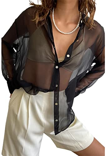 Women Sexy See-Through Loose Shirts Long Sleeve Button-Down Solid Color Lapel Collar Mesh Basic Blouse Top Streetwear (Black, Small)