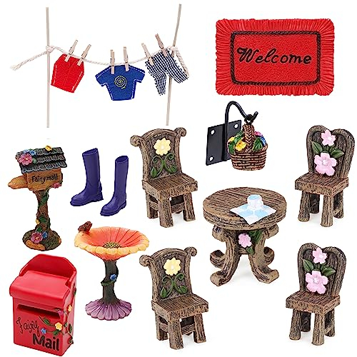 Toyland® 8-teiliges Feengarten-Zubehör-Set und 1 Packung Aufkleber – Miniatur-Feen-Zubehör inklusive Wäscheleine