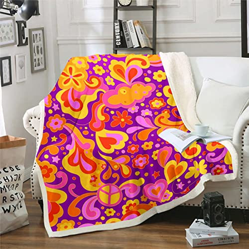 1960Er 1970Er Jahre Decke Werfen für Bett Sofa Couch,Disco Hippie Indie Blume Fleece Decke 75x100 für Mädchen Frauen,Bunte Funky Sommer Blumen Fuzzy Decke,Bohemia Groovy Garten Blume Sherpa Decke