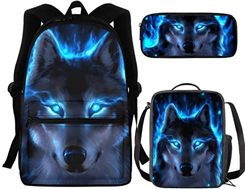 NETILGEN 3 in 1 Kids Backpack Boys School Bags Unique Fashion Backpack + Pen Pouch + Shoulder Lunch Box 3 Pieces Sets, Blue Fire Wolf Animal Print