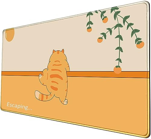 Nasdalgias Schreibtischunterlage mit niedlicher Katze, Größe XL, 80 x 39,9 cm, Kawaii-Anime, entfliehende orangefarbene Katze, Schreibtischunterlage mit Mondblumen, Tastaturmatte mit rutschfester