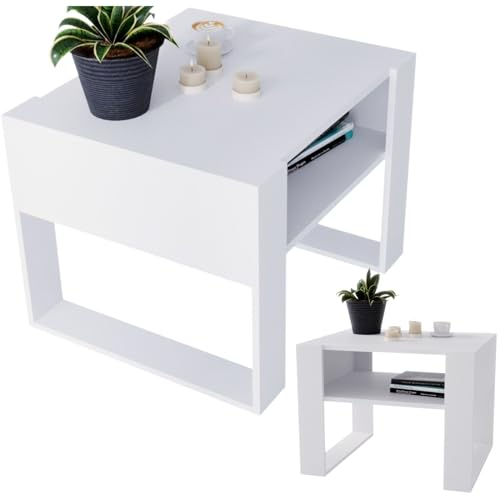 CraftPAK Wohnzimmer Tisch für Couch aus hochwertigem Holz, Stabiler & moderner Couchtisch mit zusätzlicher Ablagefläche, Farbe Bardolino-Weiß