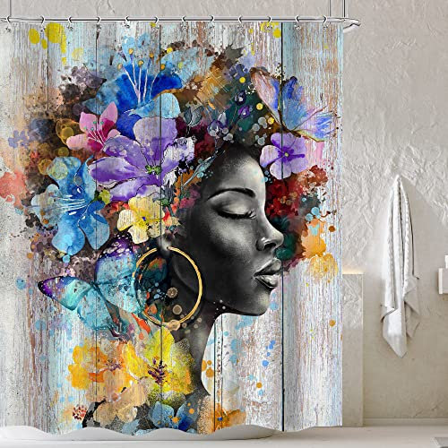 Cinbloo Rideau de douche pour fille noire 183 x 183 cm (l x H) Afro-Américain coloré fleur papillon noir ensemble de rideaux de salle de bain en bois rustique motif floral afro Lady rideau de bain en