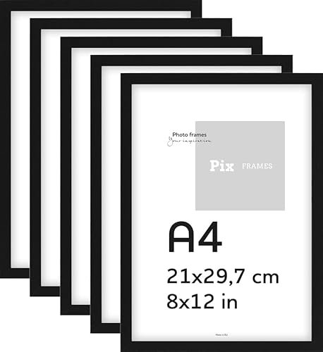 Pix FRAMES 5er Bilderrahmen Set A4 - Holzrahmen für Foto - Rahmen mit Scheiben aus acrylglas - Rahmen zum Aufhängen und Aufstellen - Modern Photo Frame - Schwarz