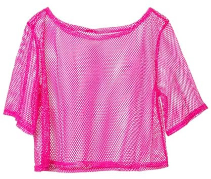 Shijuuke Haut en résille fluo, haut court décontracté | Haut décontracté néon à épaules dénudées pour femmes, t-shirt à manches courtes en résille transparente des années 80, rose vif, XL