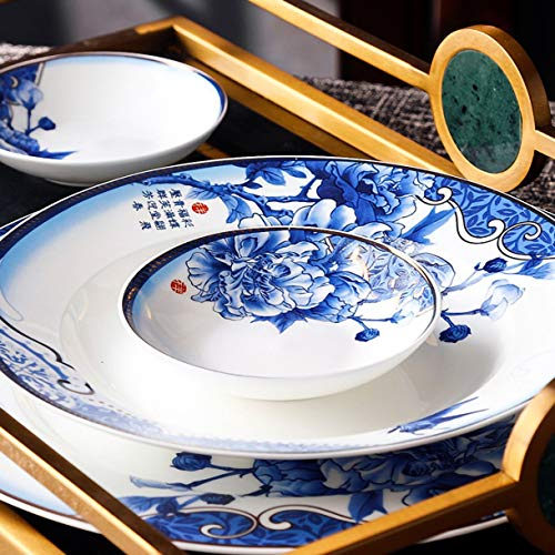 YhOuuA 58-teiliges Tafelservice aus Porzellan mit Speisetellern/Desserttellern/Suppentellern/Tassen/Untertassen, blaues und weißes Porzellangeschirr-Set im chinesischen Stil (68)