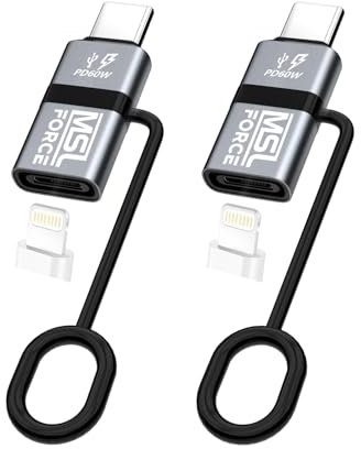 MSL FORCE,Lightning to USB C Adapter,PD60W Charging,Data Transfe,Lightning Female to USB C Male Adapter for iPhone 15/16 Series,Not for Audio/OTG (Lightning to USB-C (2pack)【Not for Audio/OTG】)
