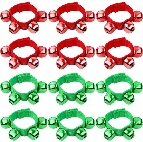 Augshy 12 Stück Weihnachtsglöckchen Armbänder, Jingle Bells mit Roten und Grünen Glöckchen Musikinstrumente Verstellbare Hand- und Fußgelenkglöckchen für Weihnachtsgeschenke, Partyspielzeug für Kinder