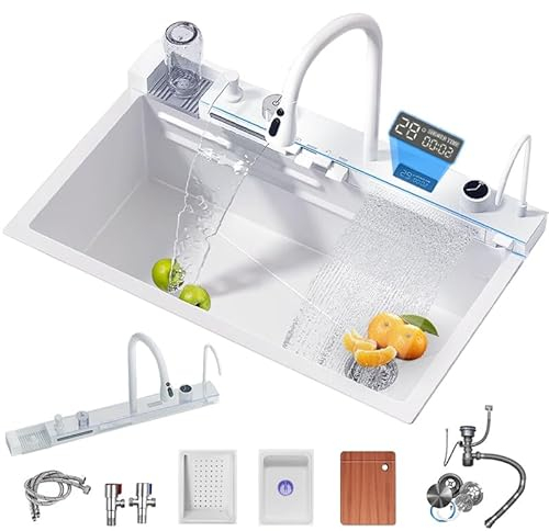 FGNIXLN 68 cm Fregadero de Cocina en Cascada Inteligente Multifuncional Blanco de Acero Inoxidable, con grifo integrado con pantalla digital, lavavasos y juego de accesorios para fregadero