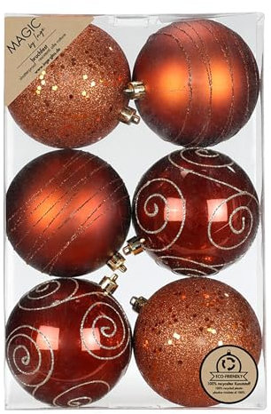 Inge-glas Weihnachtskugeln Kunststoff 8cm 6er Set - bruchsicher & mit Glitzer Muster - Große Christbaumkugeln für Weihnachtsbaum - Weihnachtsbaumkugeln & Christbaumschmuck Kupfer - Roasted Almond