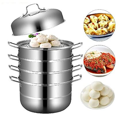 Multifunktional Schnellkochtopf Stapelbarer Schnellkochtopf Durchmesser 28,5 cm Dampfgarer Edelstahl 5 Ebenen mit Glasdeckel Dampfgarer aus Edelstahl Kartoffeldämpfer 22 x 28 x 15,5 cm Geeignet für ve